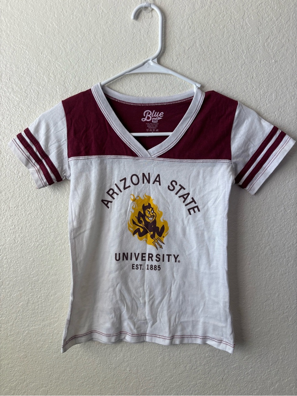 Blue 84 Arizona State University V-Neck Tee in Maroon, White & Gold